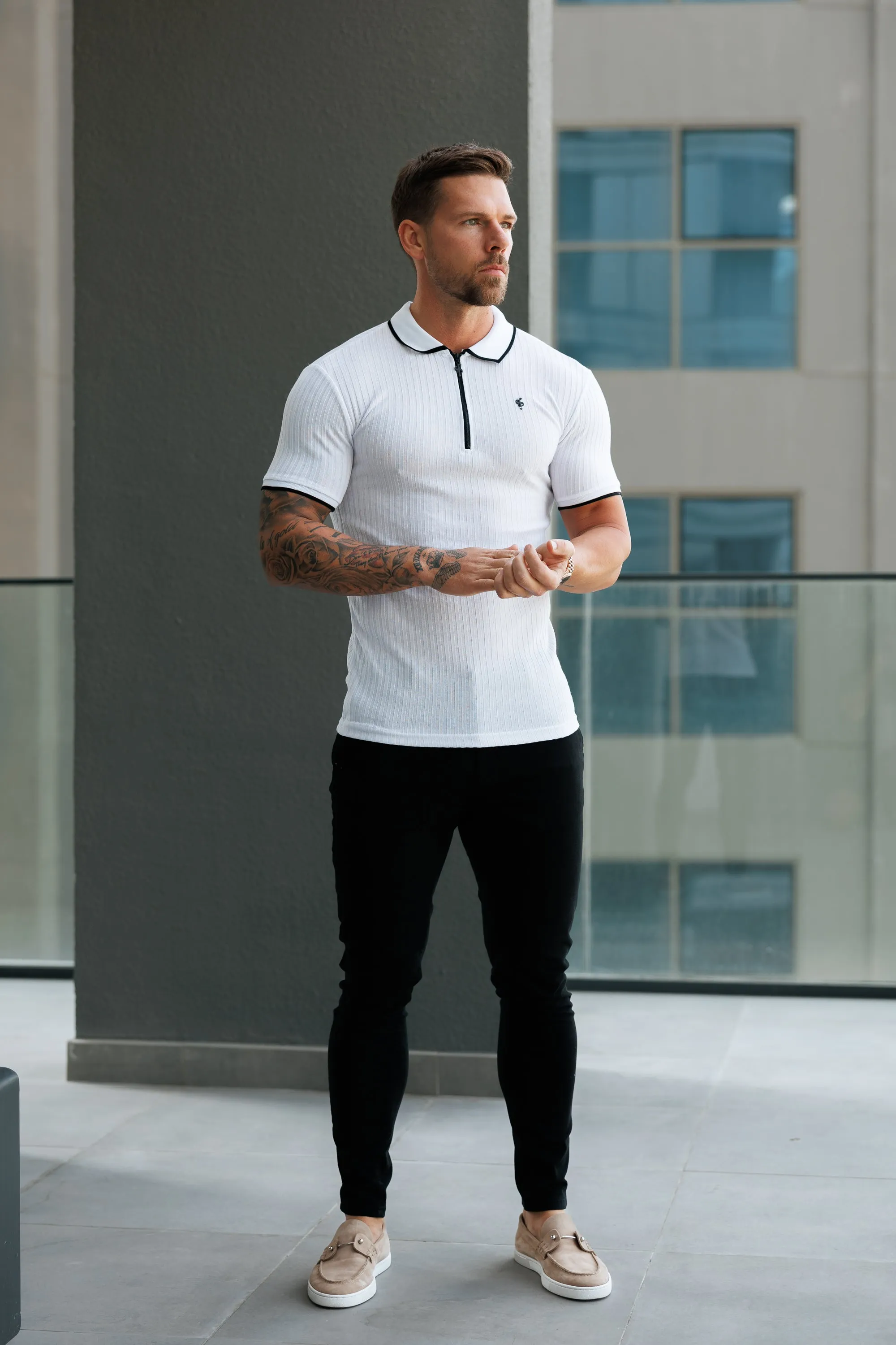 FS Classic White Ribbed Zip Polo with Contrast Short Sleeve - FSH1102