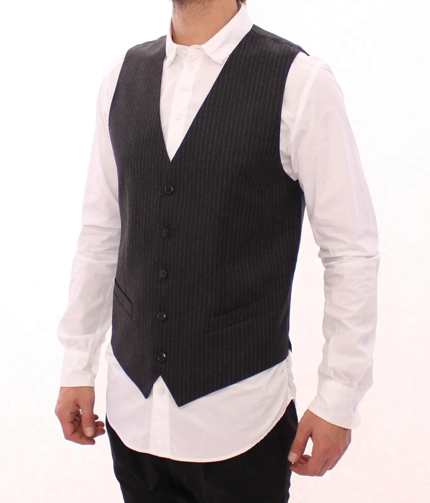 Gray Striped Wool Single Breasted Vest