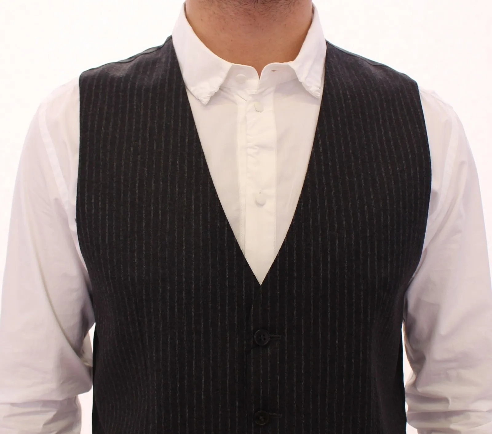 Gray Striped Wool Single Breasted Vest