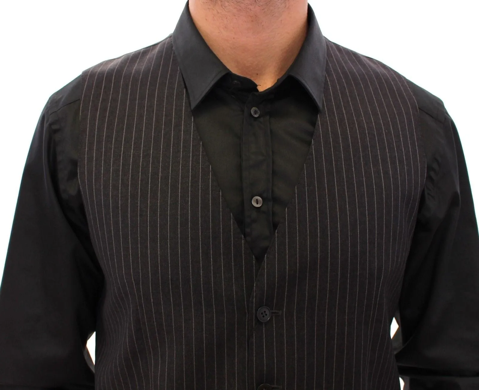 Gray Striped Wool Single Breasted Vest