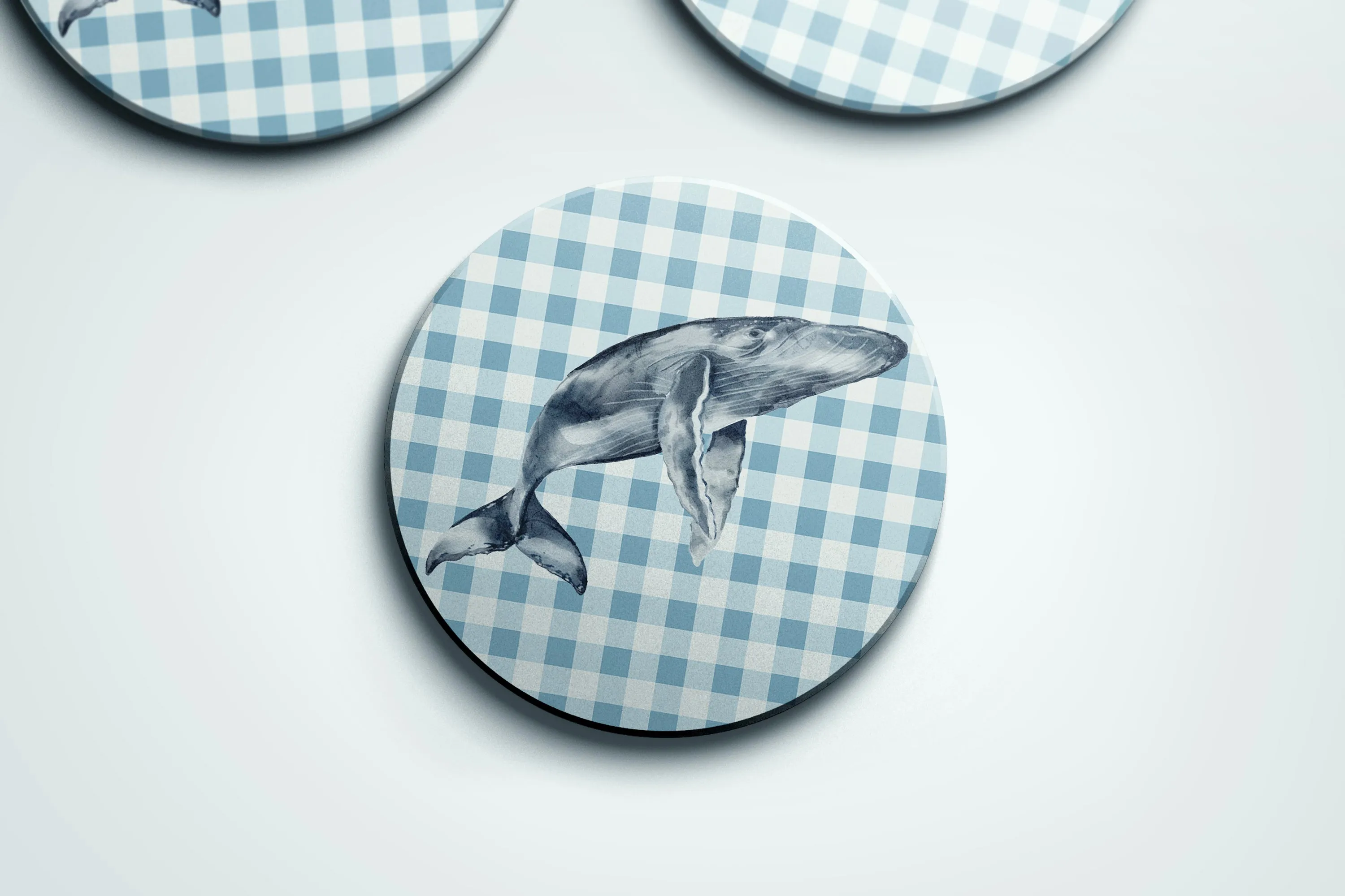 Grey Whale and Blue Plaid coaster set | set of 2 or 4 coasters | Preppy Coastal Collection