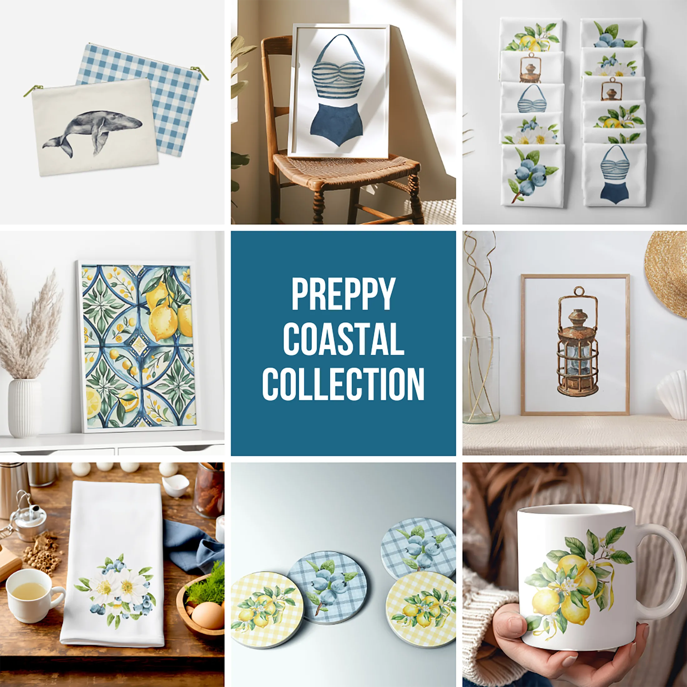 Grey Whale and Blue Plaid coaster set | set of 2 or 4 coasters | Preppy Coastal Collection