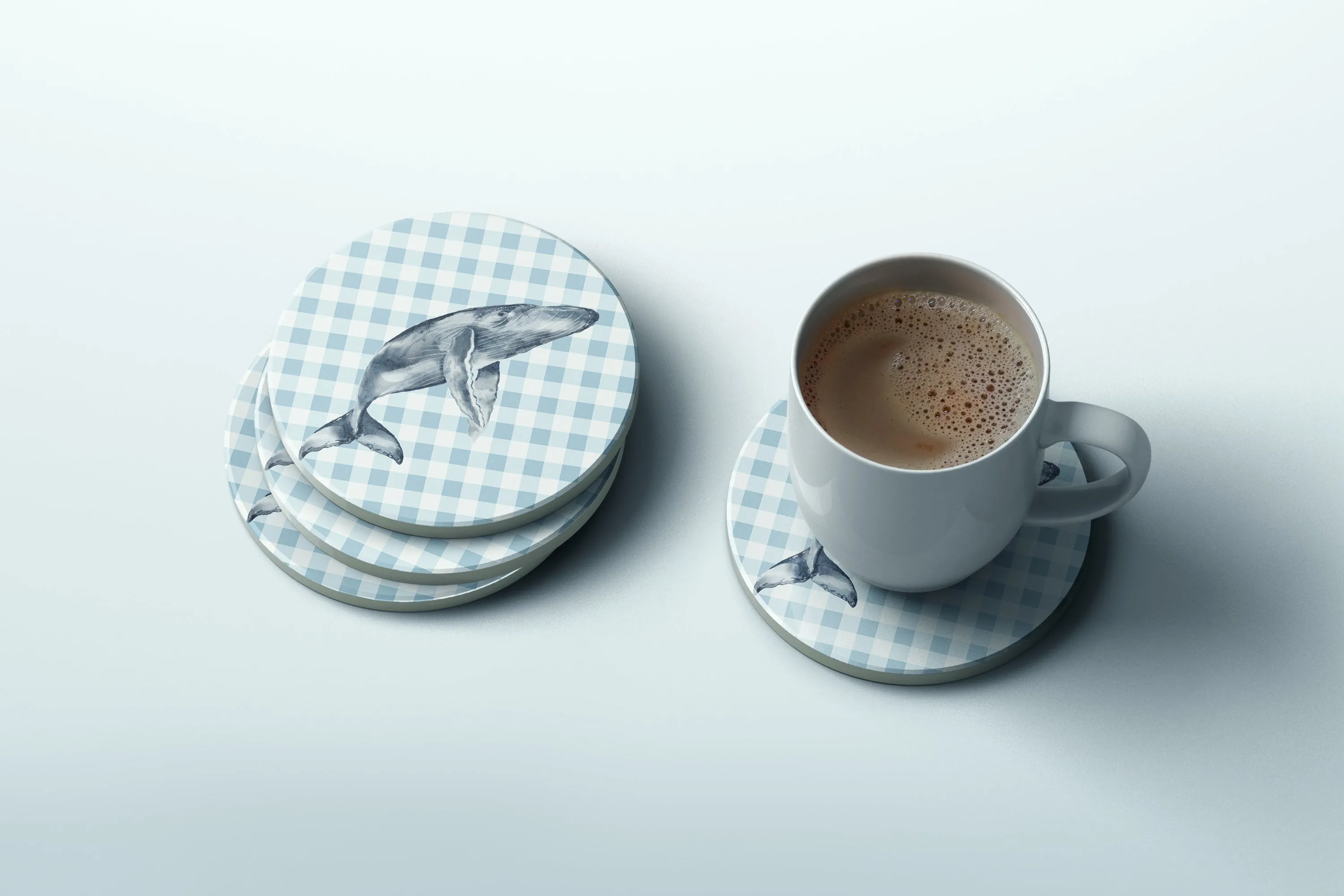 Grey Whale and Blue Plaid coaster set | set of 2 or 4 coasters | Preppy Coastal Collection