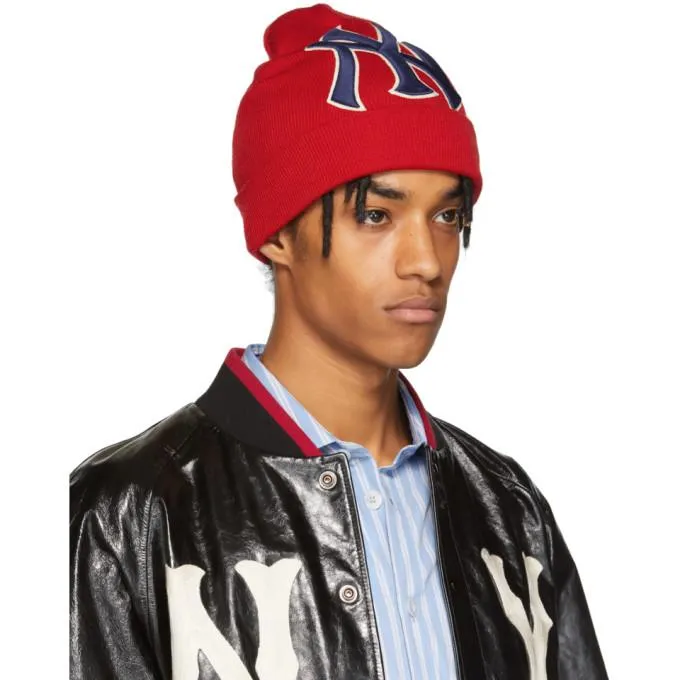 Gucci NY Yankees Embroidered Wool Beanie in Red
