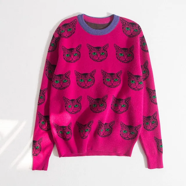 High Quality Runway Designer Cat Print Knitted Sweaters Pullovers Women Autumn Winter Long Sleeve Harajuku Sweet Jumper C-192