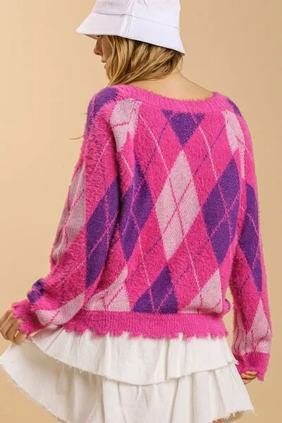 Hot Pink Argyle Pattern V-Neck Button Front Cardigan