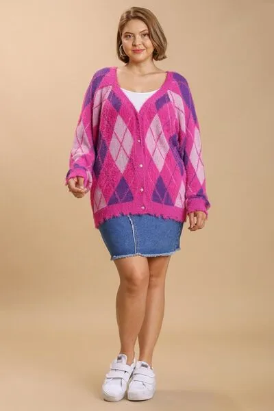Hot Pink Argyle Pattern V-Neck Button Front Cardigan