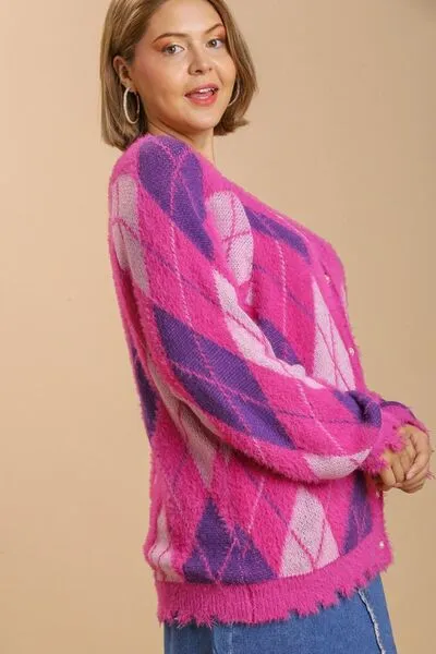 Hot Pink Argyle Pattern V-Neck Button Front Cardigan