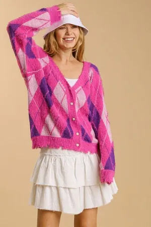 Hot Pink Argyle Pattern V-Neck Button Front Cardigan