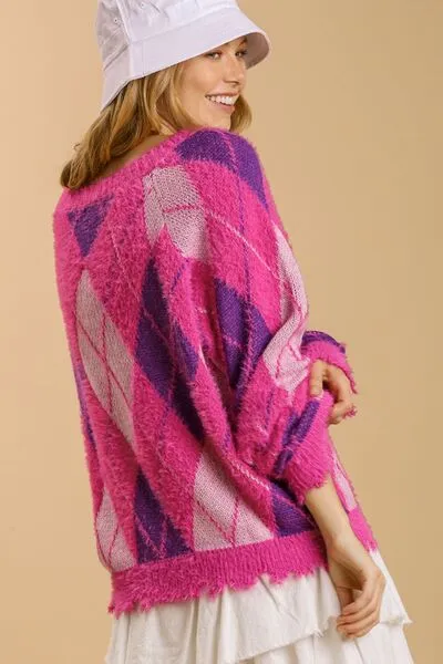 Hot Pink Argyle Pattern V-Neck Button Front Cardigan