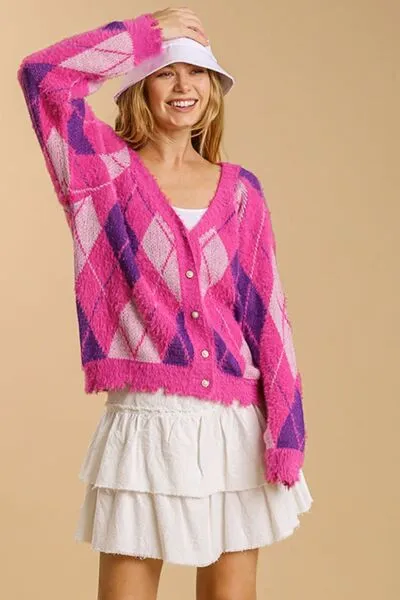Hot Pink Argyle Pattern V-Neck Button Front Cardigan