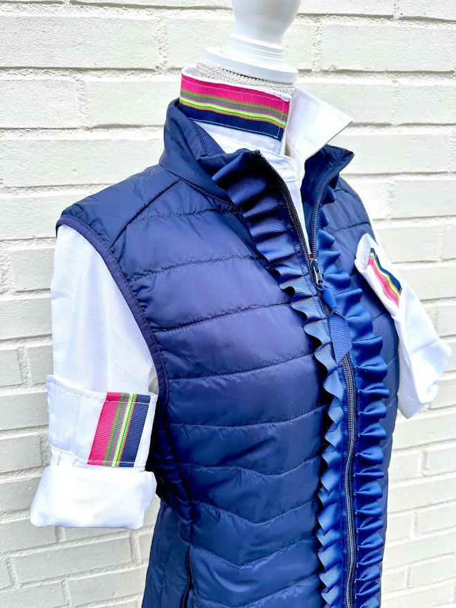 Maggie May Ruffled Ribbon Puffer Vest Navy w Navy (PF15)