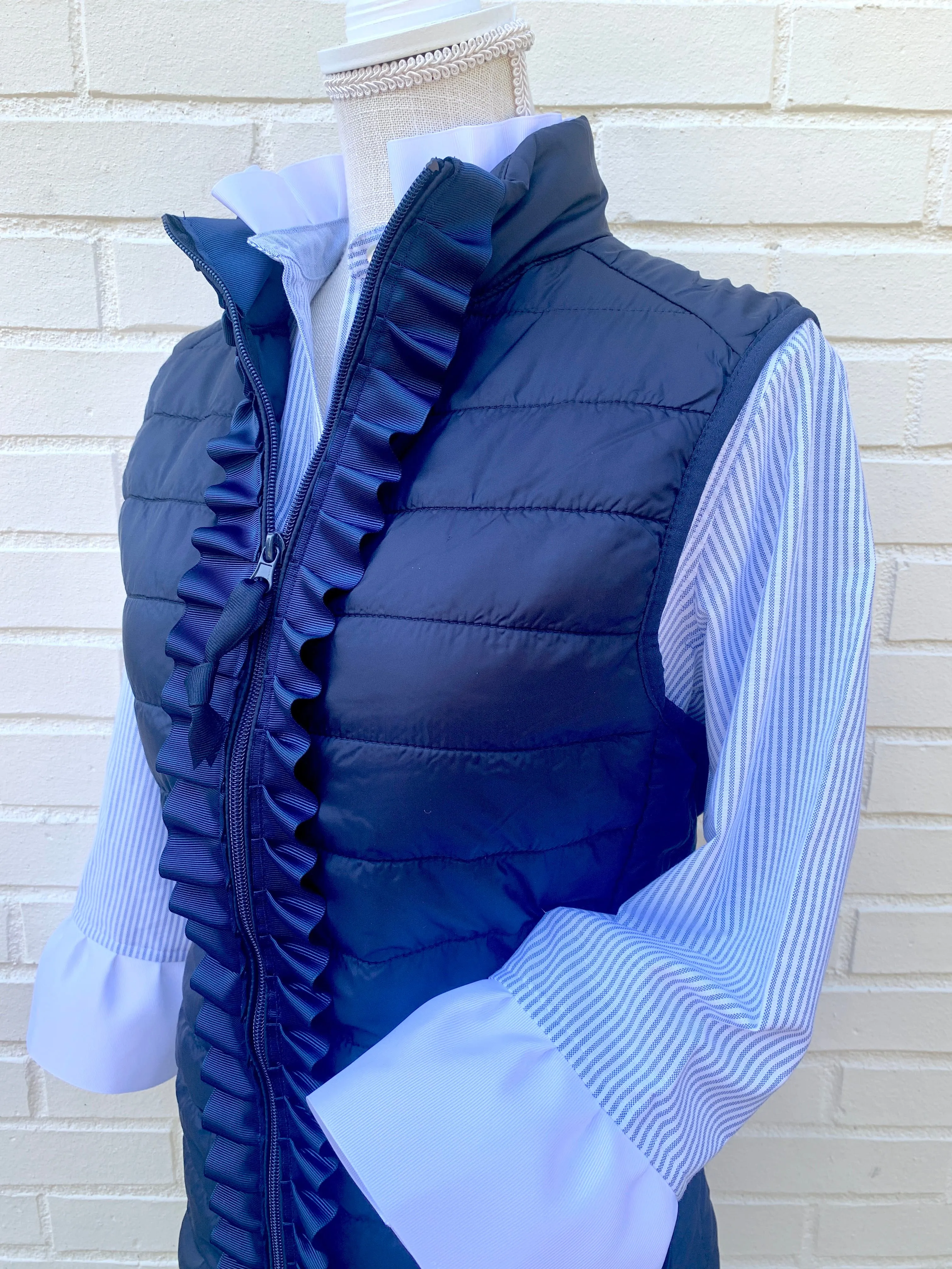 Maggie May Ruffled Ribbon Puffer Vest Navy w Navy (PF15)