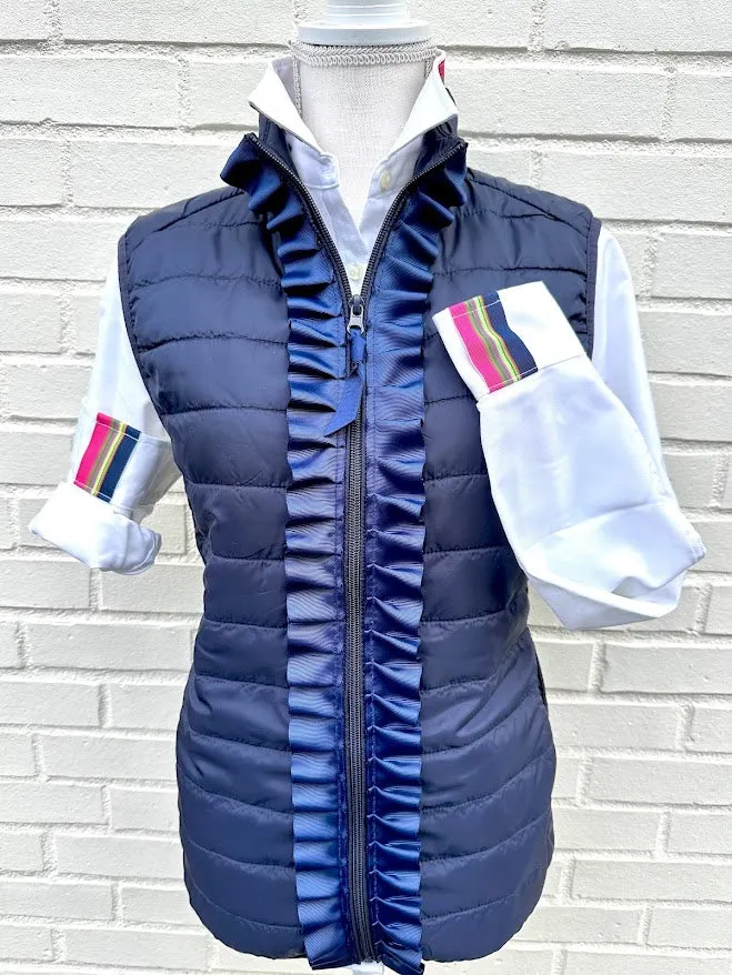 Maggie May Ruffled Ribbon Puffer Vest Navy w Navy (PF15)