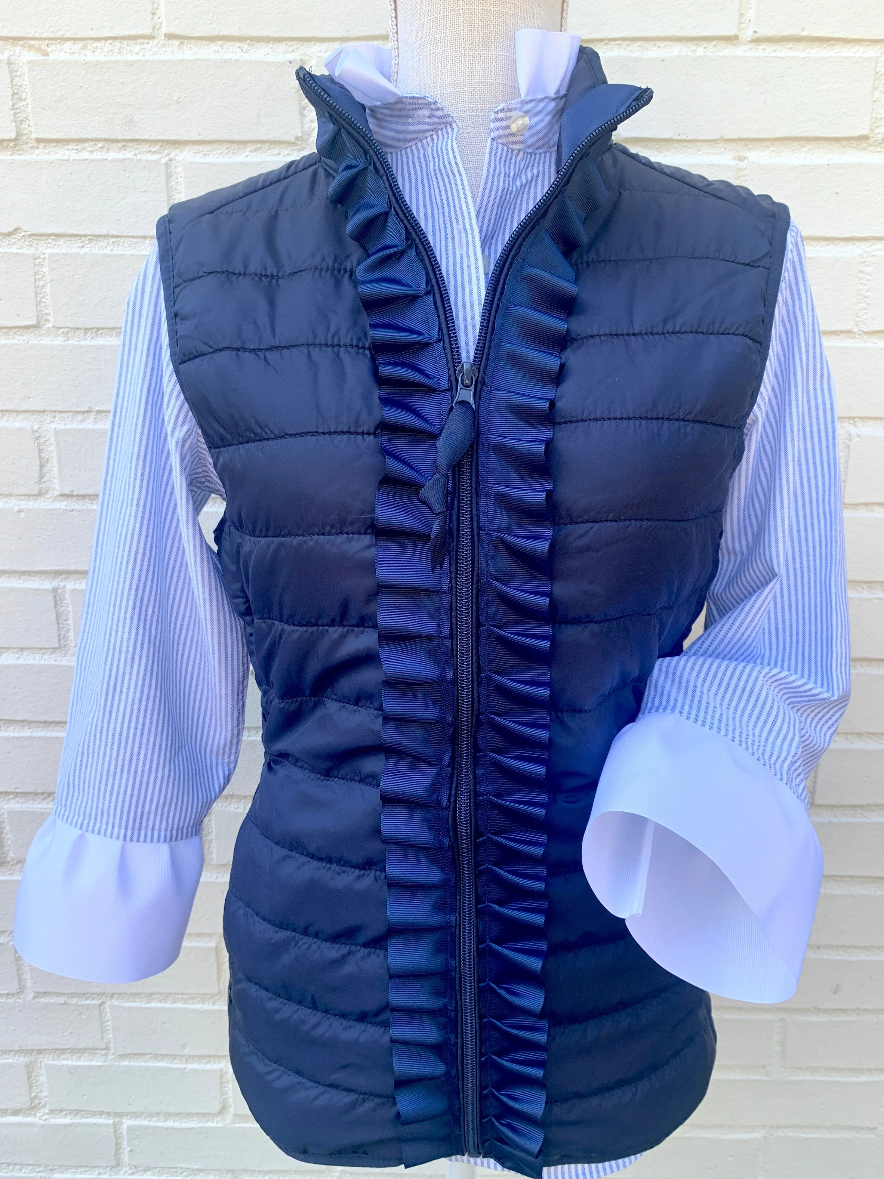 Maggie May Ruffled Ribbon Puffer Vest Navy w Navy (PF15)
