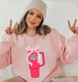 Monogram Coquette Pink Bow Stanley Style Cup Girly Tee and Sweatshirt