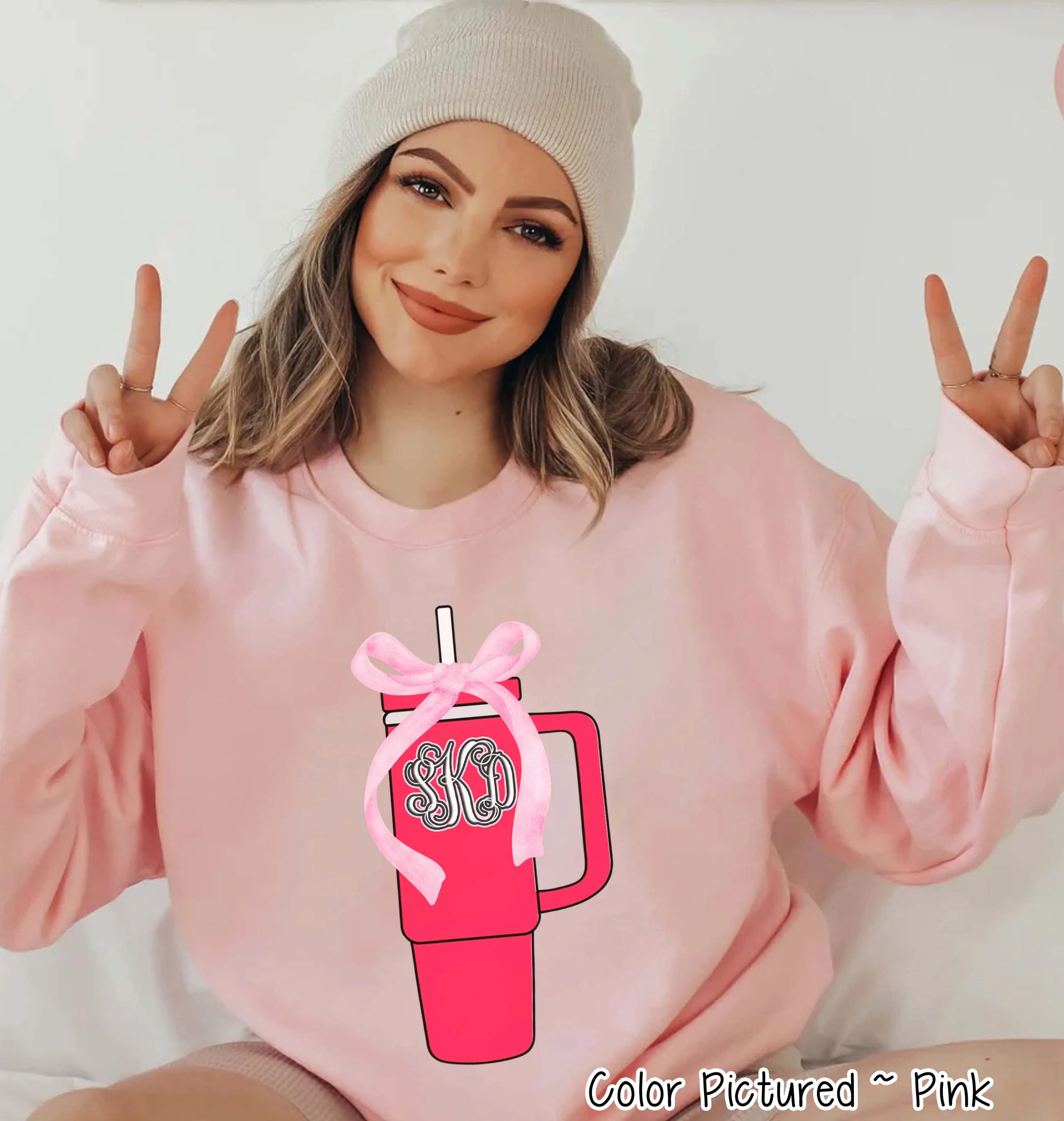 Monogram Coquette Pink Bow Stanley Style Cup Girly Tee and Sweatshirt