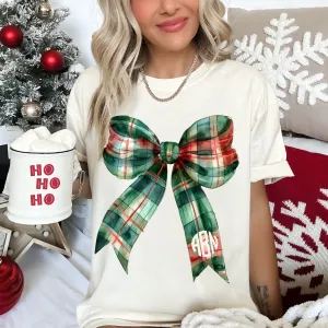 Monogrammed Bella Canvas or Comfort Colors Christmas Plaid Bow Tee/ Youth and Adult Sizes