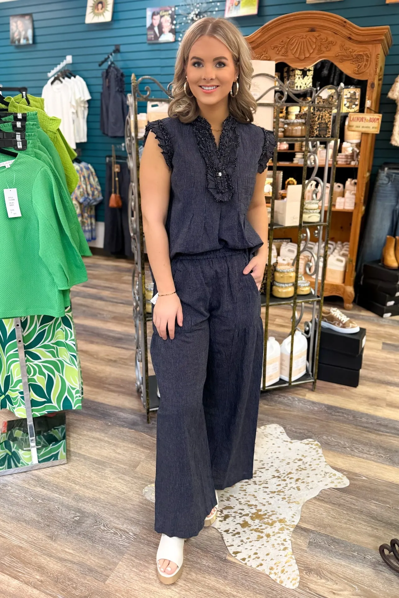 Navy Pin Striped Ruffled Top - Ivy Jane