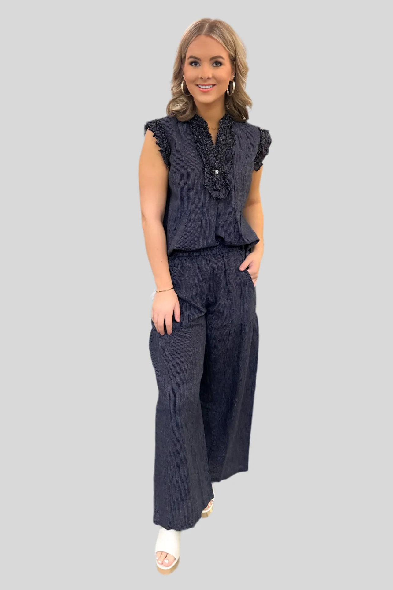 Navy Pin Striped Ruffled Top - Ivy Jane