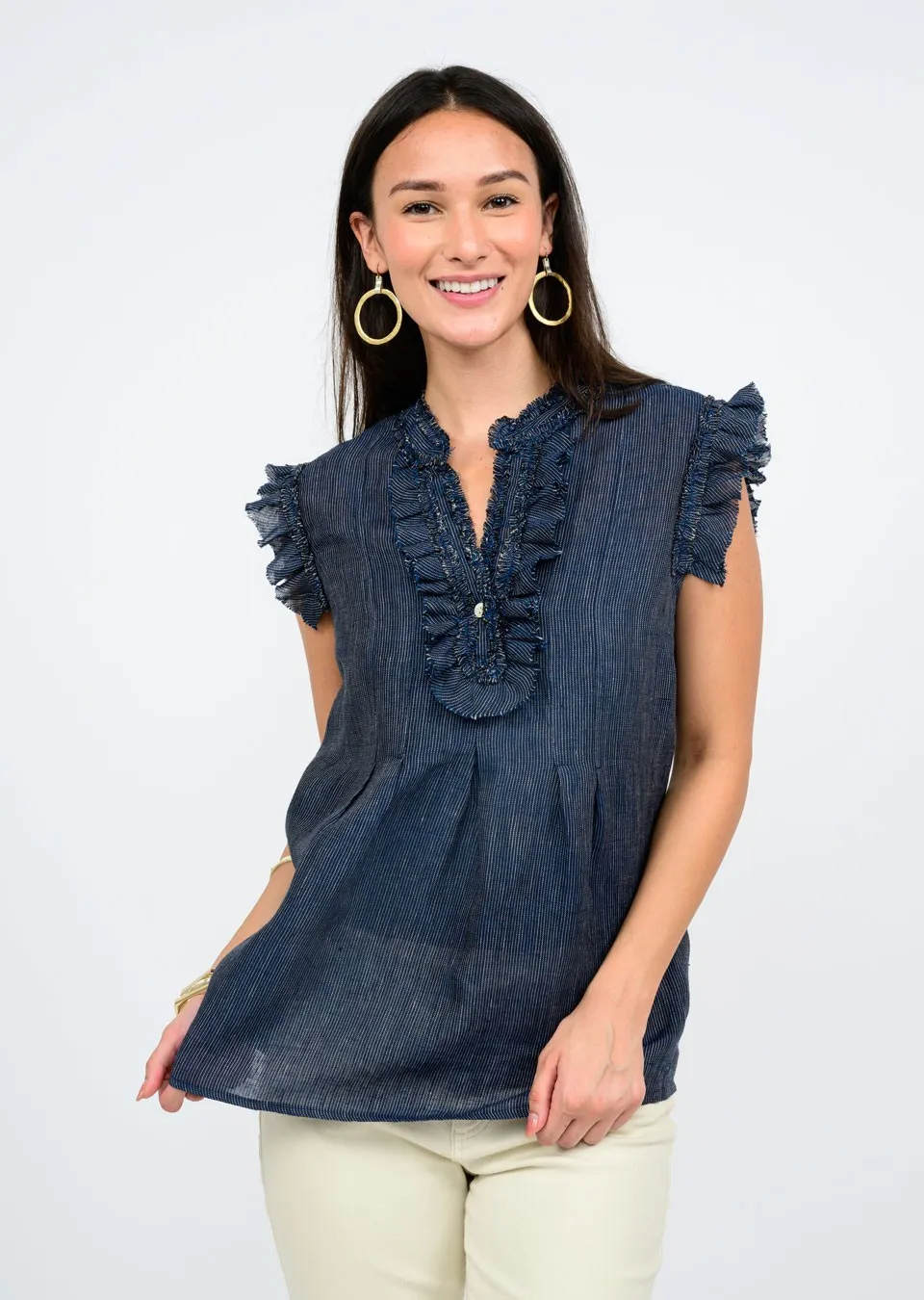 Navy Pin Striped Ruffled Top - Ivy Jane