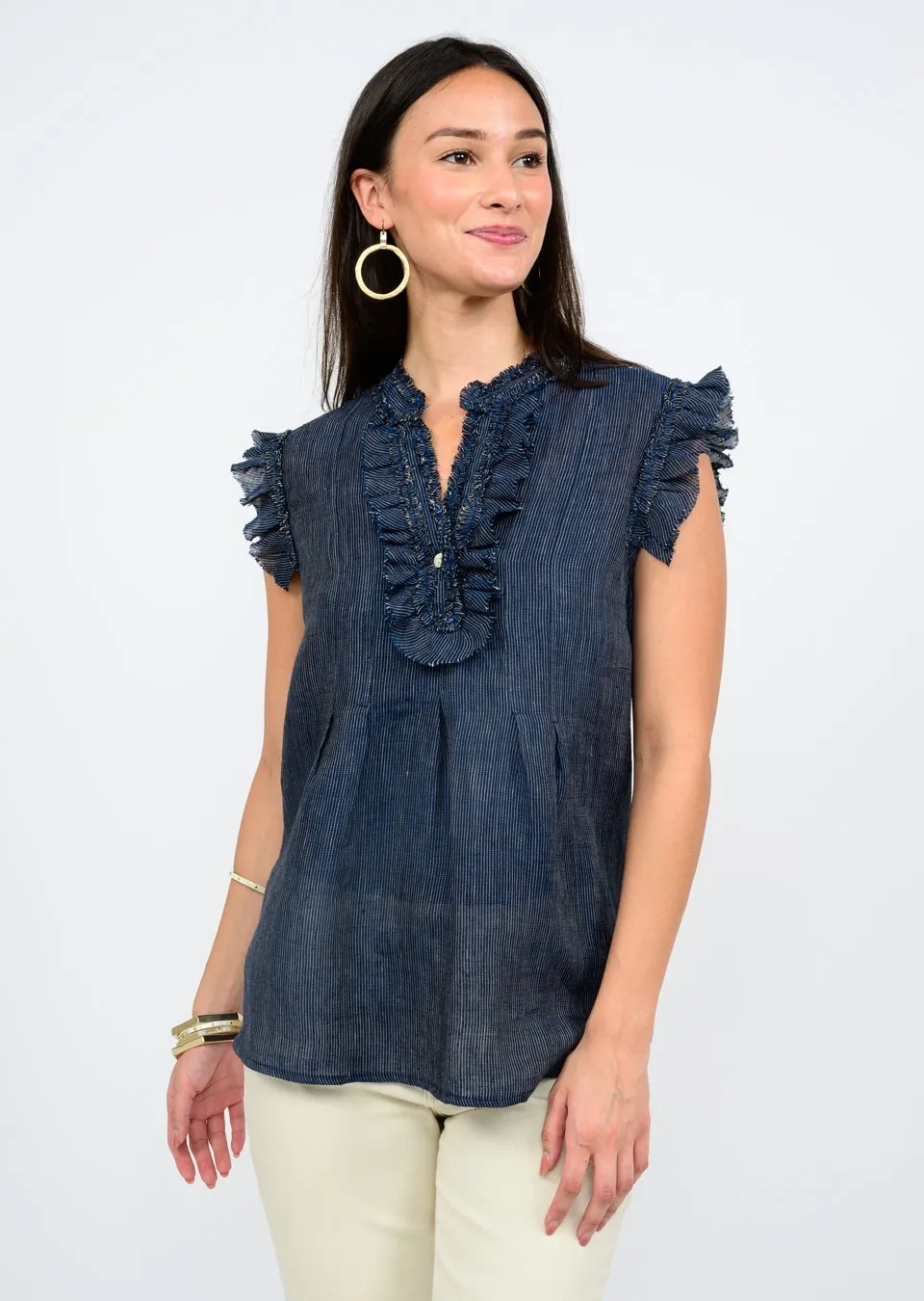 Navy Pin Striped Ruffled Top - Ivy Jane