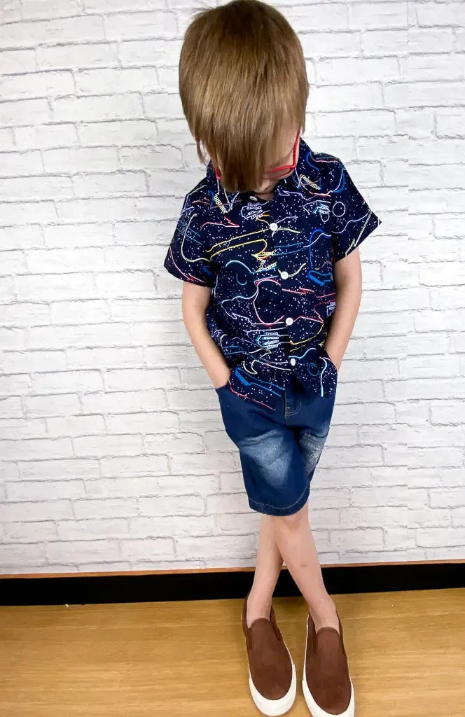 Neon Guitars in Outer Space Woven Button Down