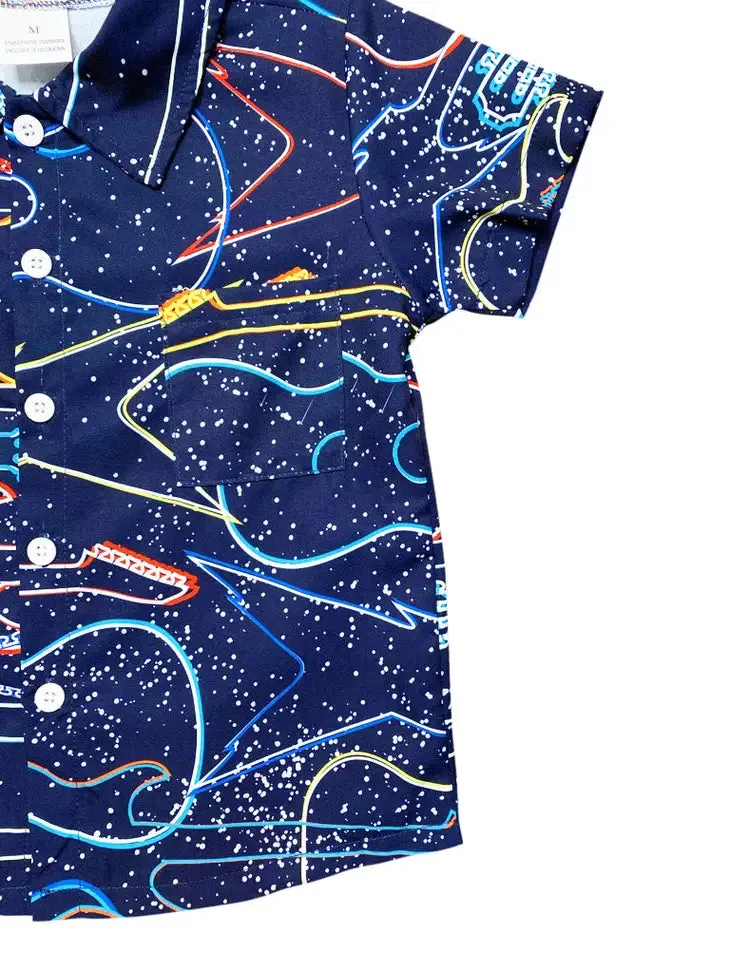 Neon Guitars in Outer Space Woven Button Down