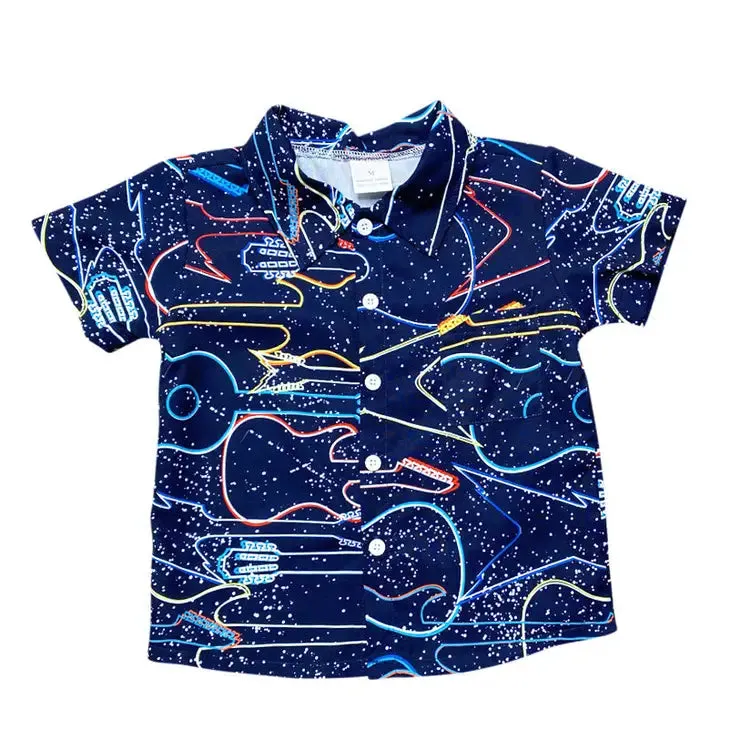 Neon Guitars in Outer Space Woven Button Down