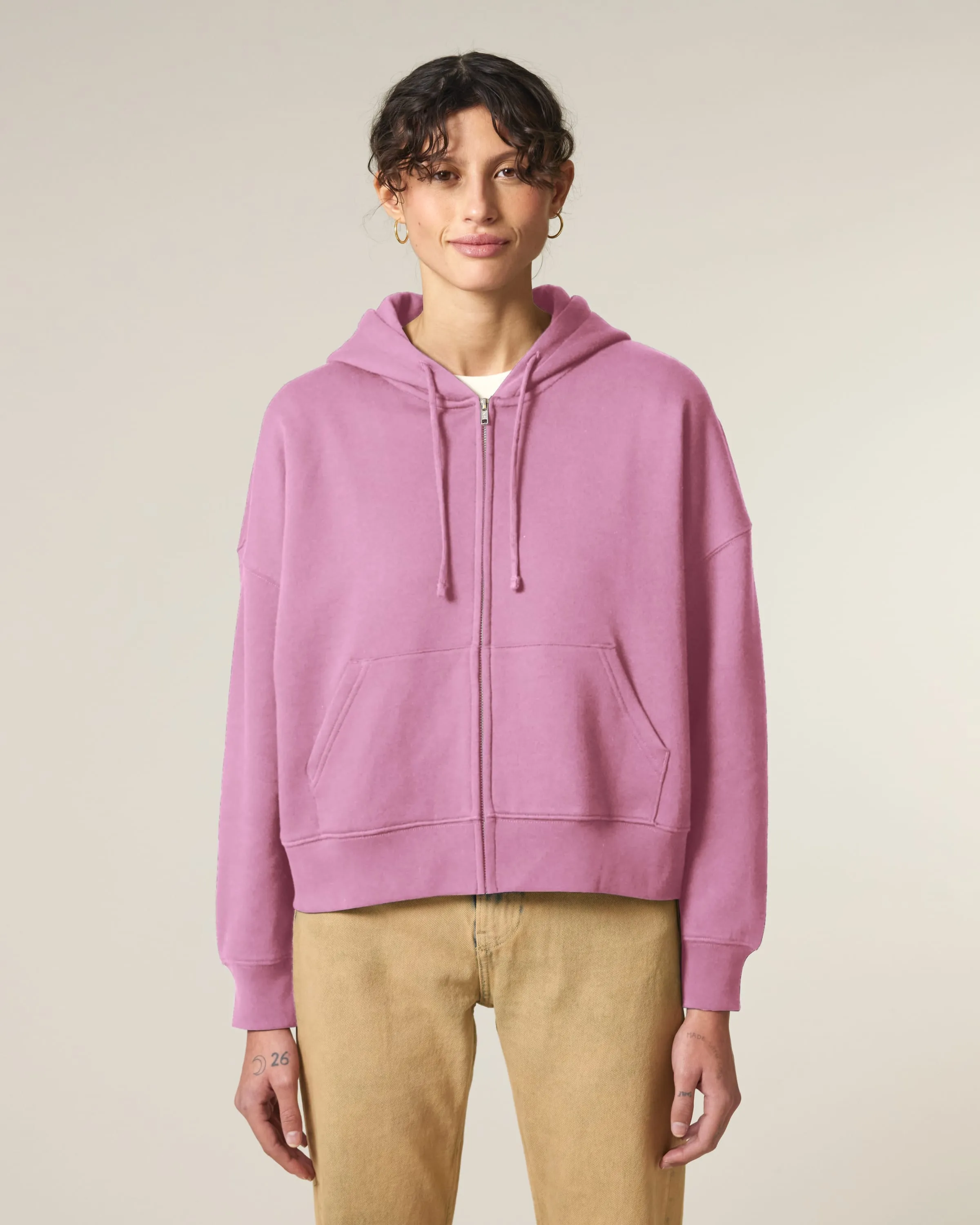 Organic Dropped Shoulder Zipped Hoodie: Womens