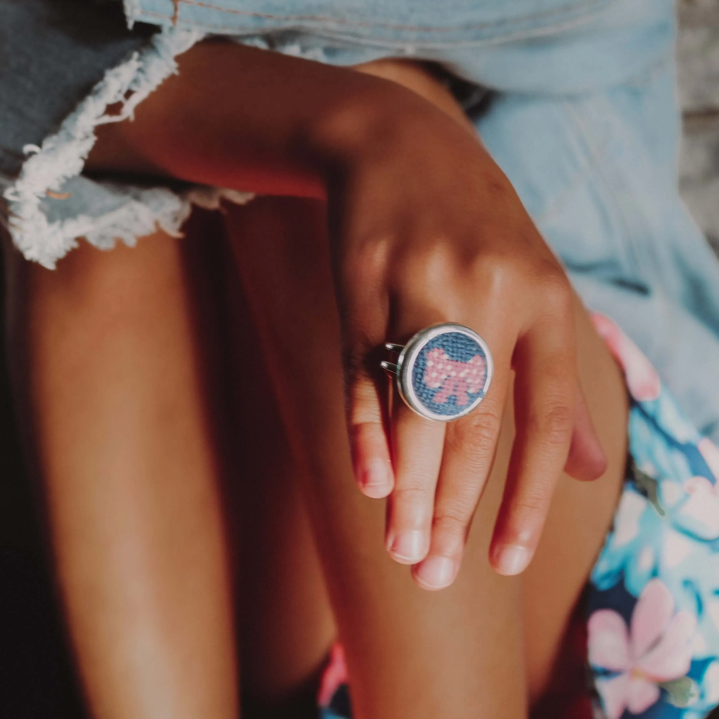 Pink Bow Needlepoint Ring
