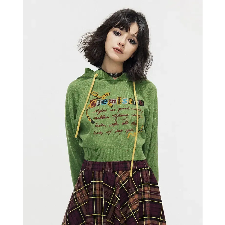 Preppy Green Cropped Hoodie with Chemistry Print and Ruffled Collar