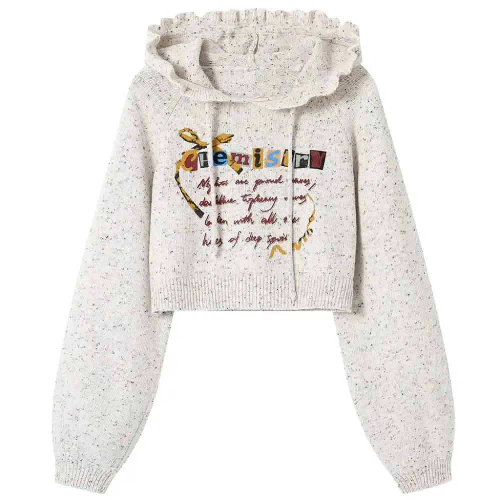 Preppy Green Cropped Hoodie with Chemistry Print and Ruffled Collar