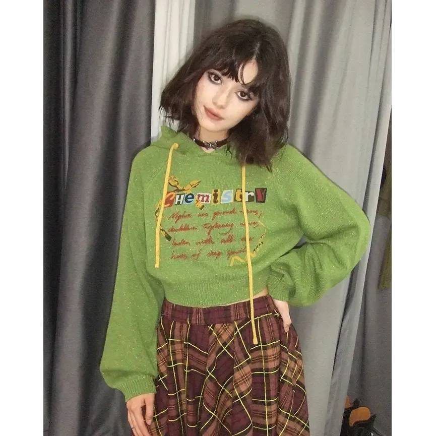 Preppy Green Cropped Hoodie with Chemistry Print and Ruffled Collar