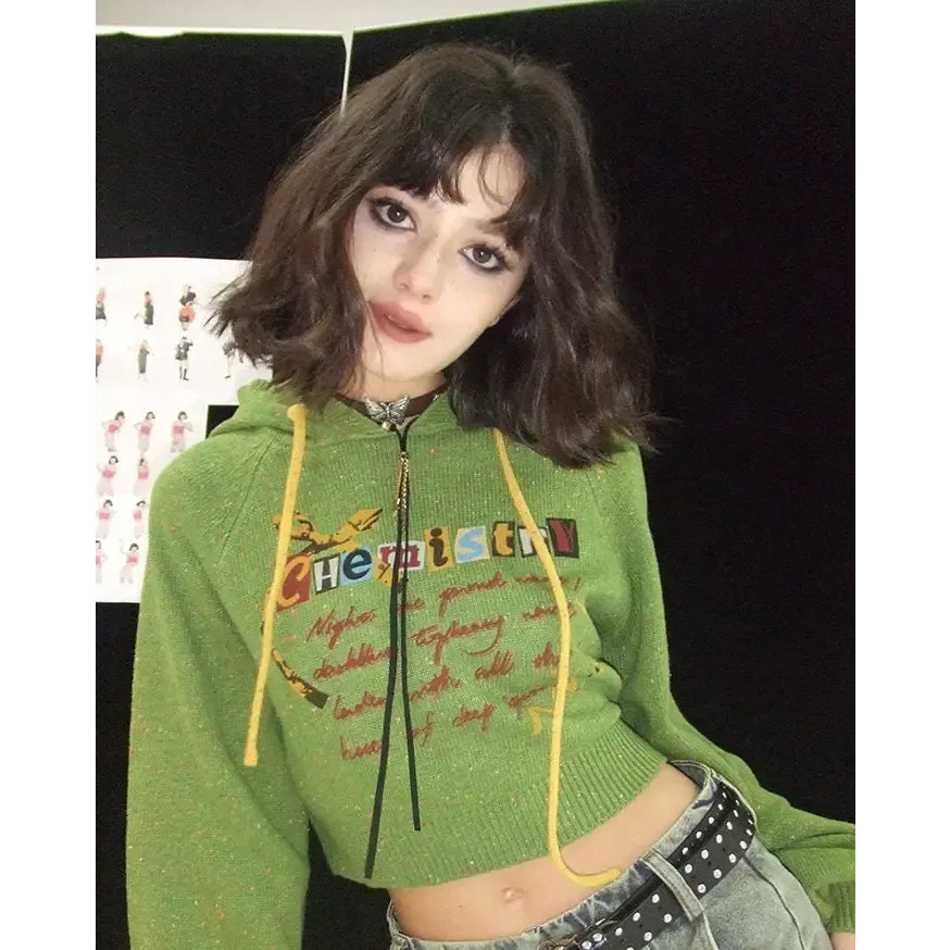 Preppy Green Cropped Hoodie with Chemistry Print and Ruffled Collar