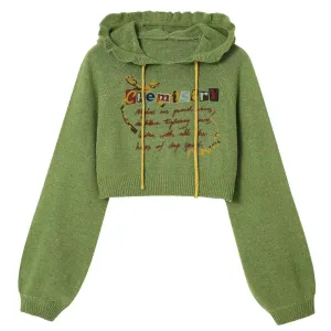 Preppy Green Cropped Hoodie with Chemistry Print and Ruffled Collar