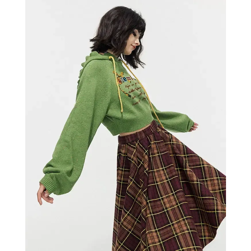 Preppy Green Cropped Hoodie with Chemistry Print and Ruffled Collar