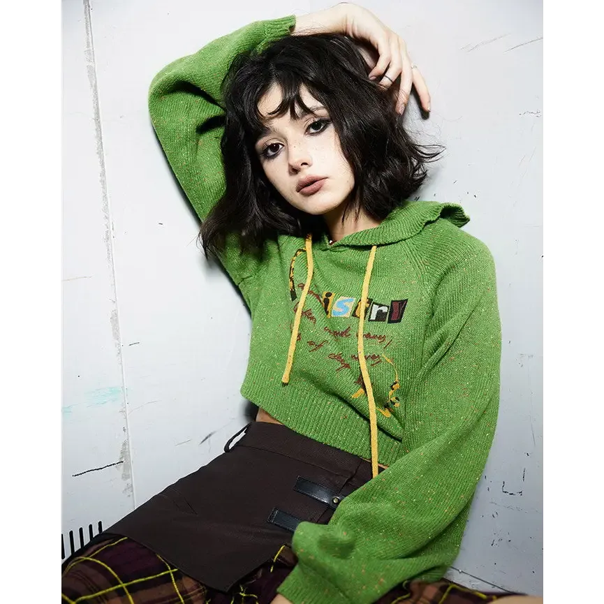 Preppy Green Cropped Hoodie with Chemistry Print and Ruffled Collar
