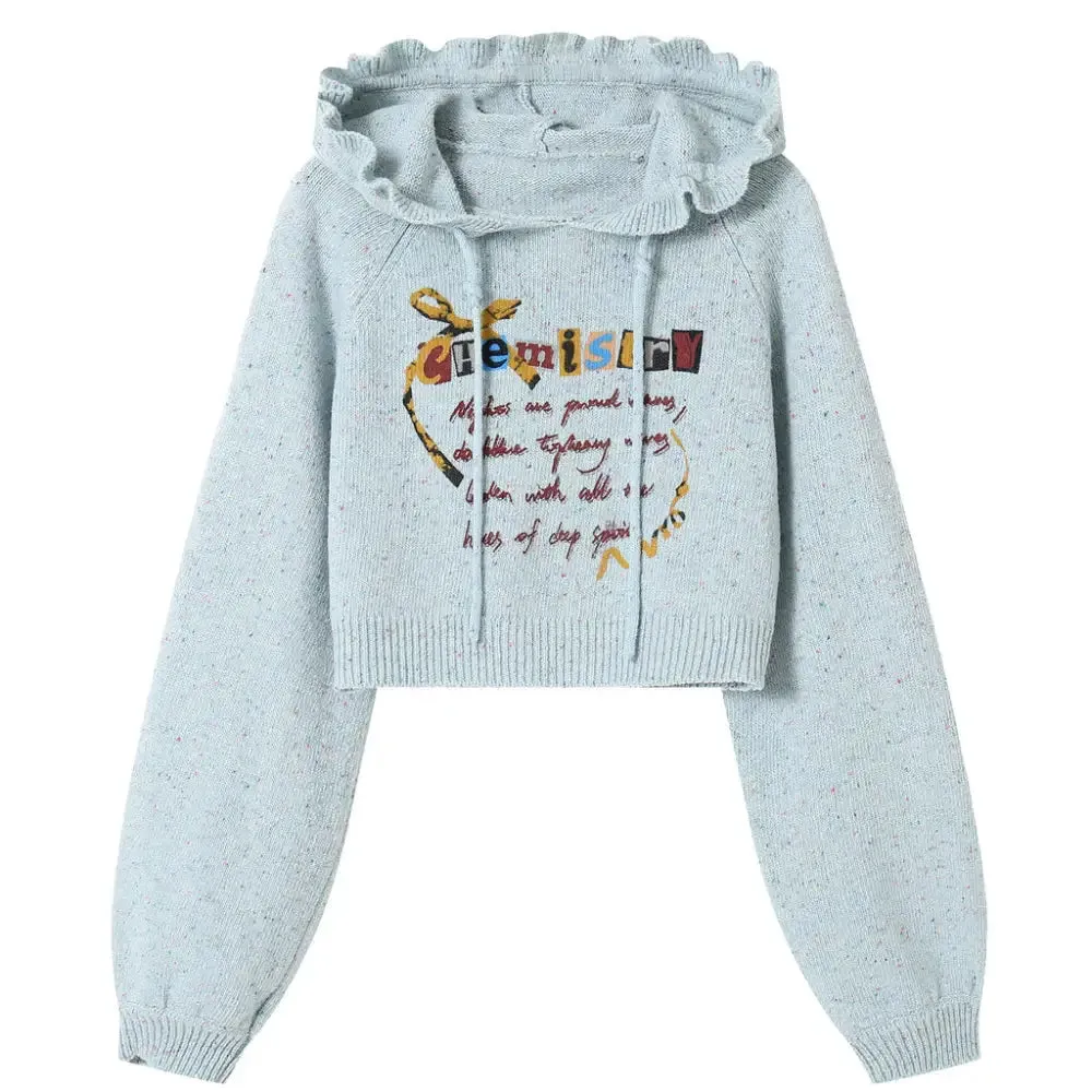 Preppy Green Cropped Hoodie with Chemistry Print and Ruffled Collar