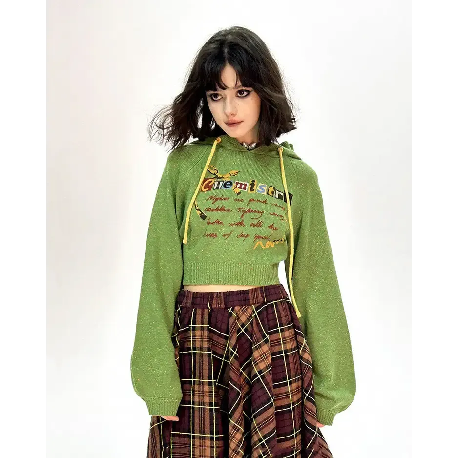 Preppy Green Cropped Hoodie with Chemistry Print and Ruffled Collar