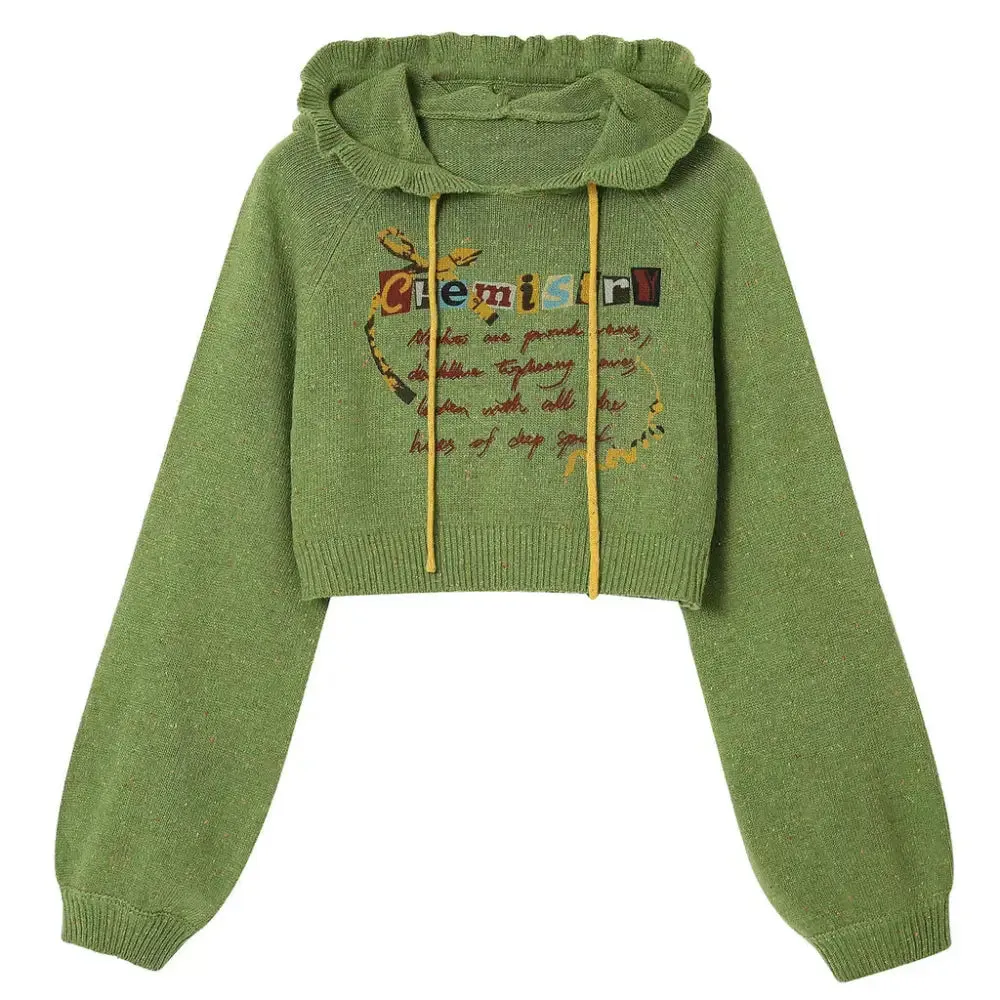 Preppy Green Cropped Hoodie with Chemistry Print and Ruffled Collar