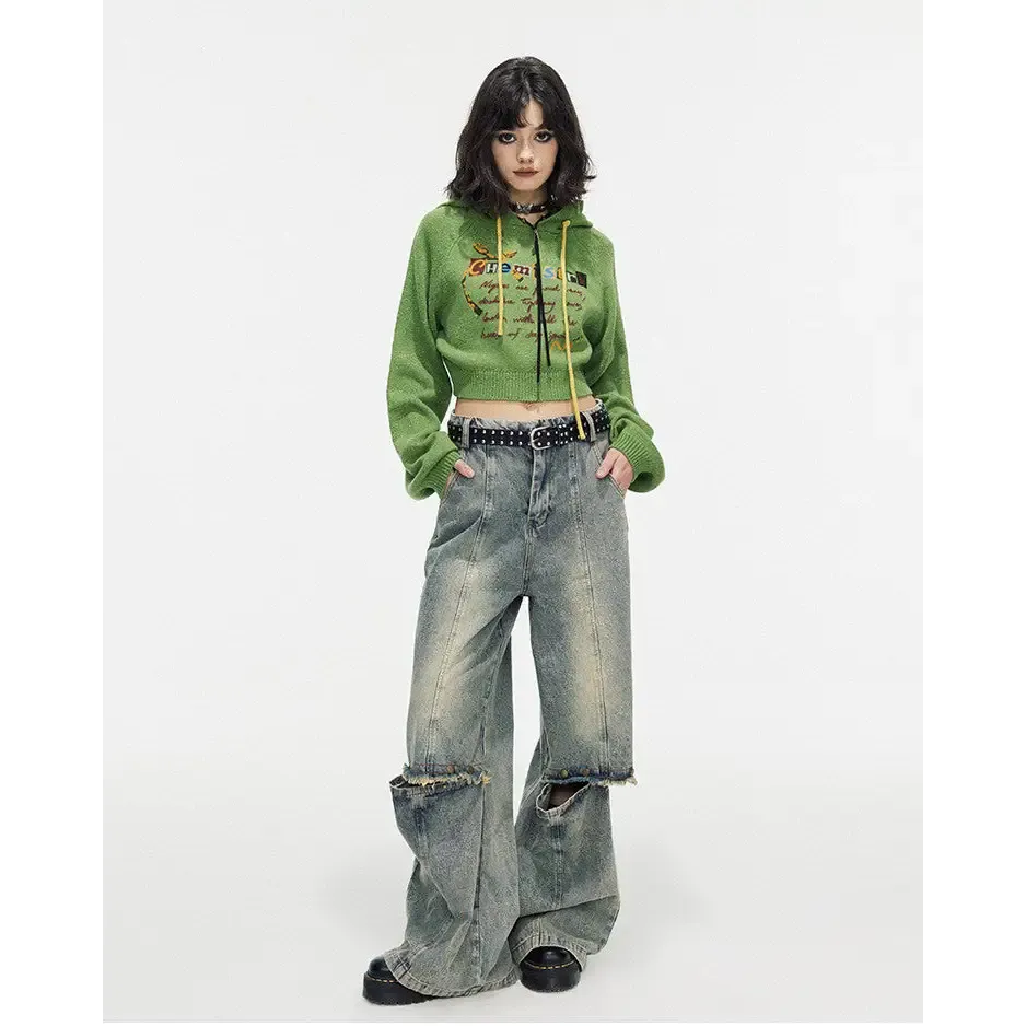 Preppy Green Cropped Hoodie with Chemistry Print and Ruffled Collar