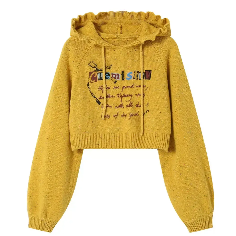 Preppy Green Cropped Hoodie with Chemistry Print and Ruffled Collar