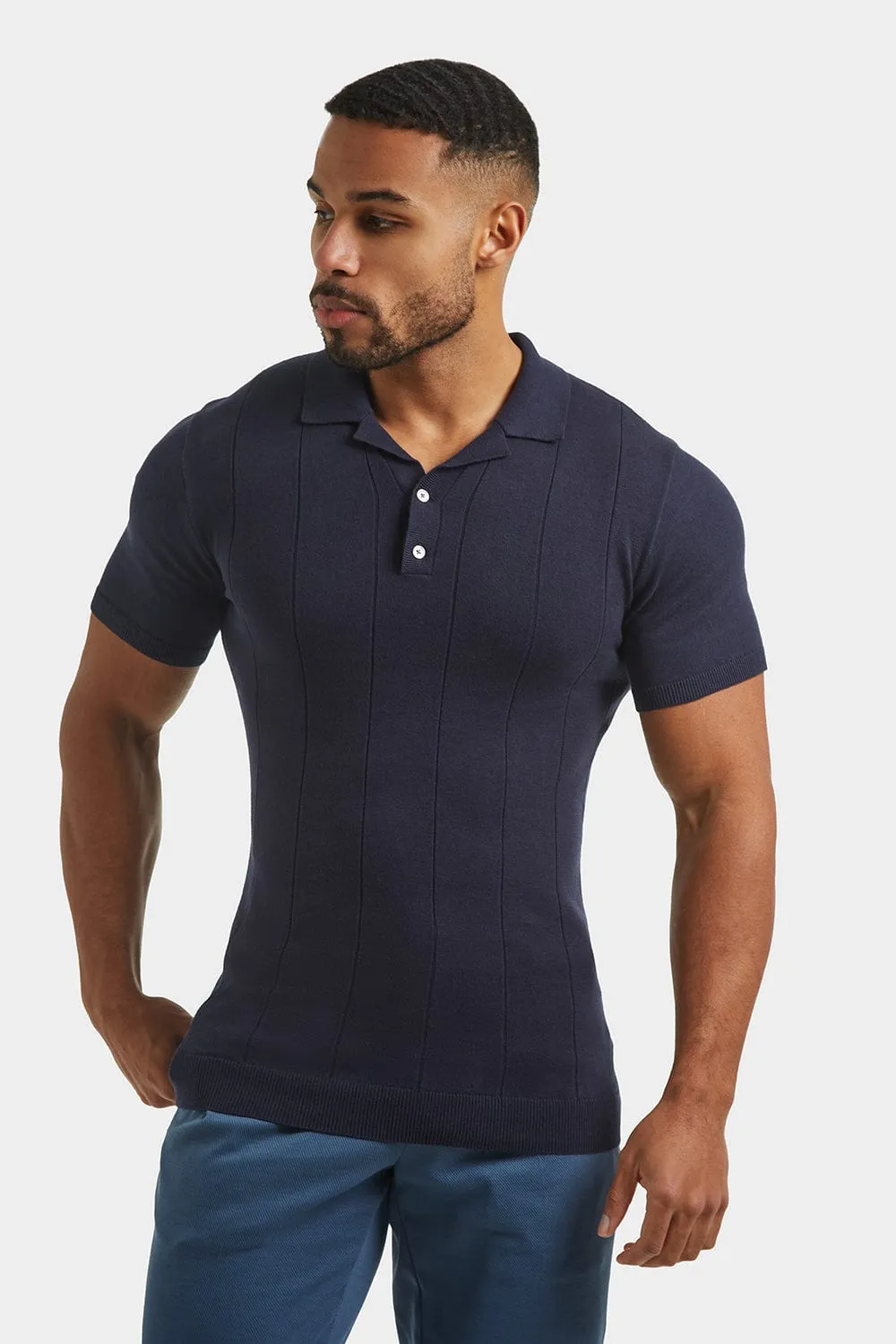 Ribbed Knitted Polo in Slate