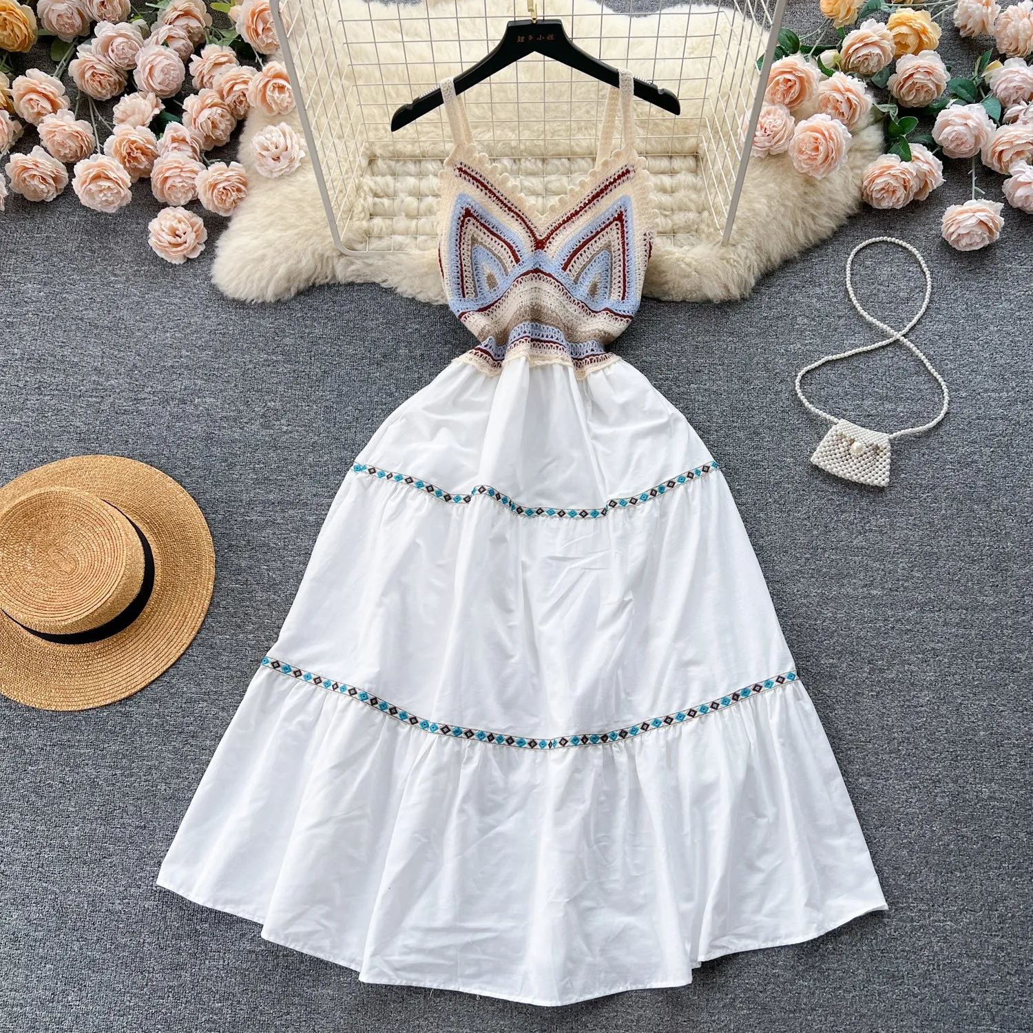 Seaside Vacation Style Hollow-out Crocheted Knitted Splicing Sling Dress Women's Summer Waist-Tight Temperamental Fairy Mori Long Dress