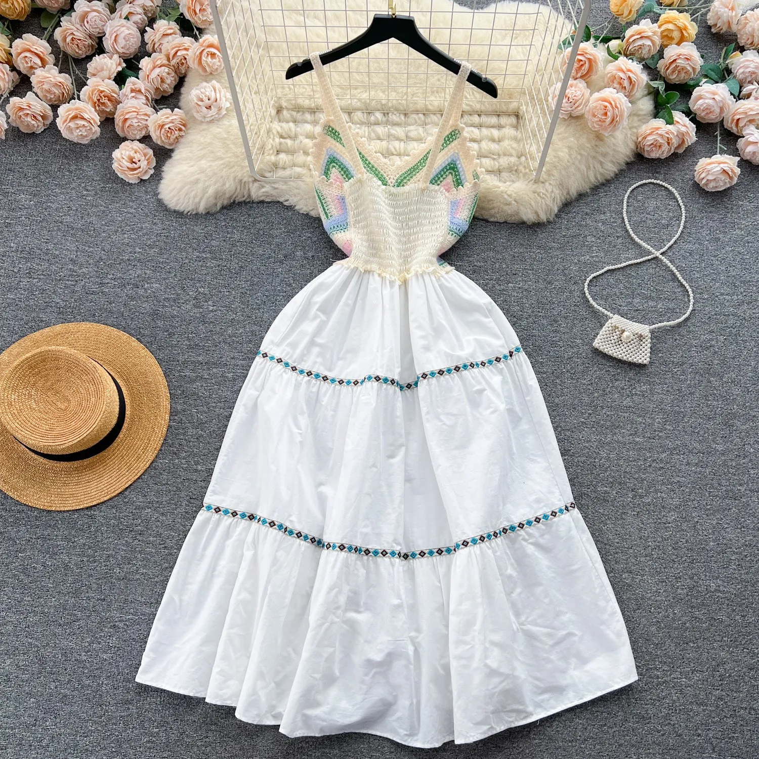 Seaside Vacation Style Hollow-out Crocheted Knitted Splicing Sling Dress Women's Summer Waist-Tight Temperamental Fairy Mori Long Dress