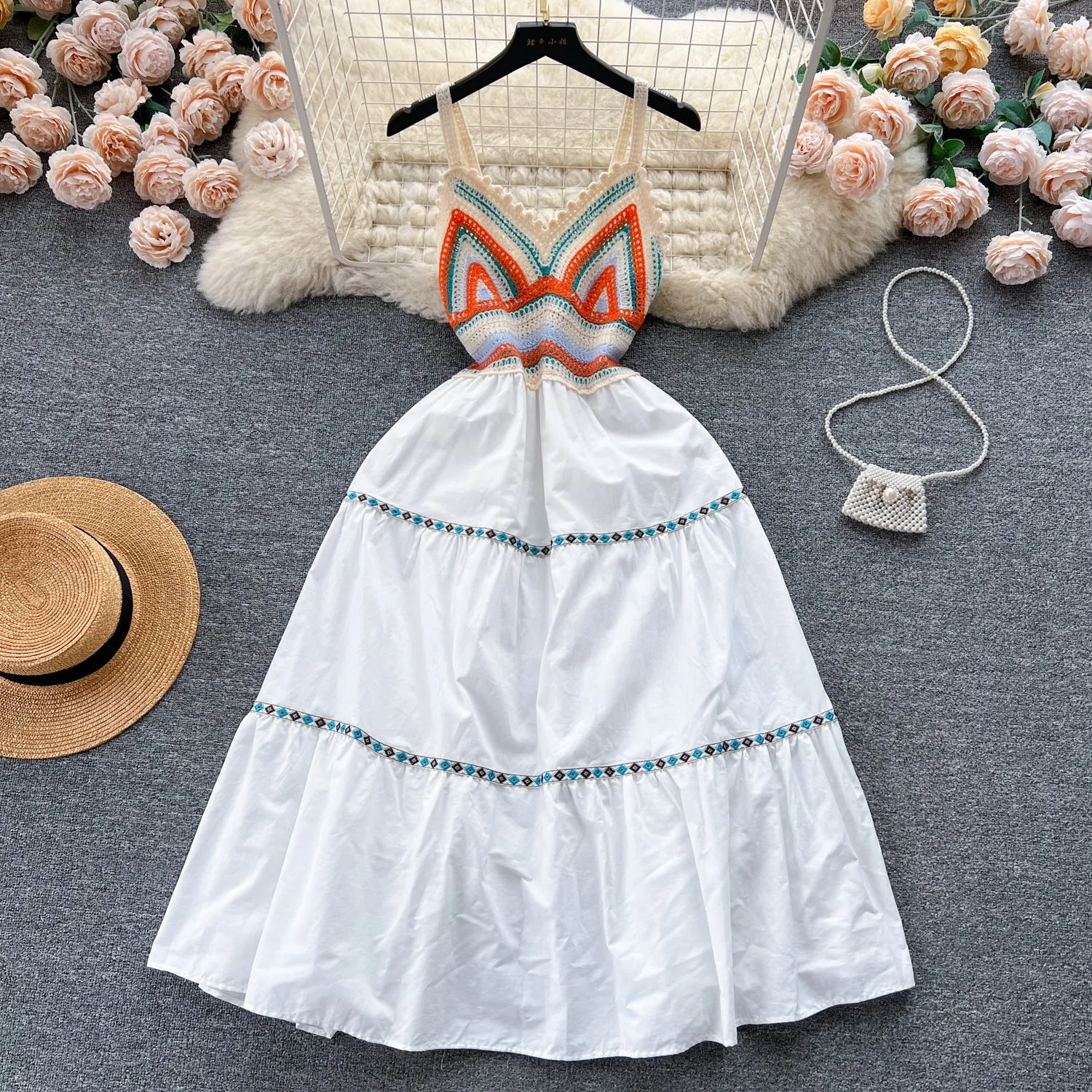 Seaside Vacation Style Hollow-out Crocheted Knitted Splicing Sling Dress Women's Summer Waist-Tight Temperamental Fairy Mori Long Dress