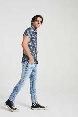 Short Sleeve Floral Print Shirt In Blue