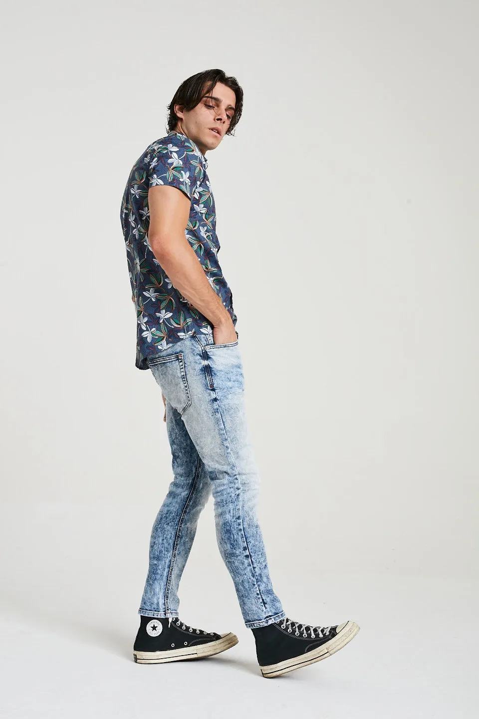 Short Sleeve Floral Print Shirt In Blue