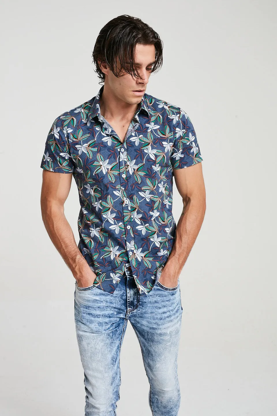 Short Sleeve Floral Print Shirt In Blue